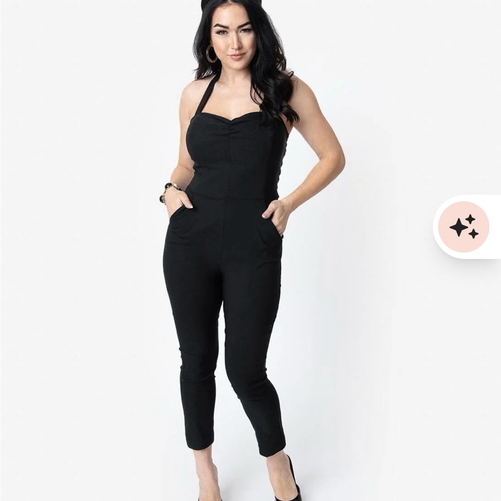 Unique Vintage Black Sleeveless Jumpsuit with Sweetheart Neckline